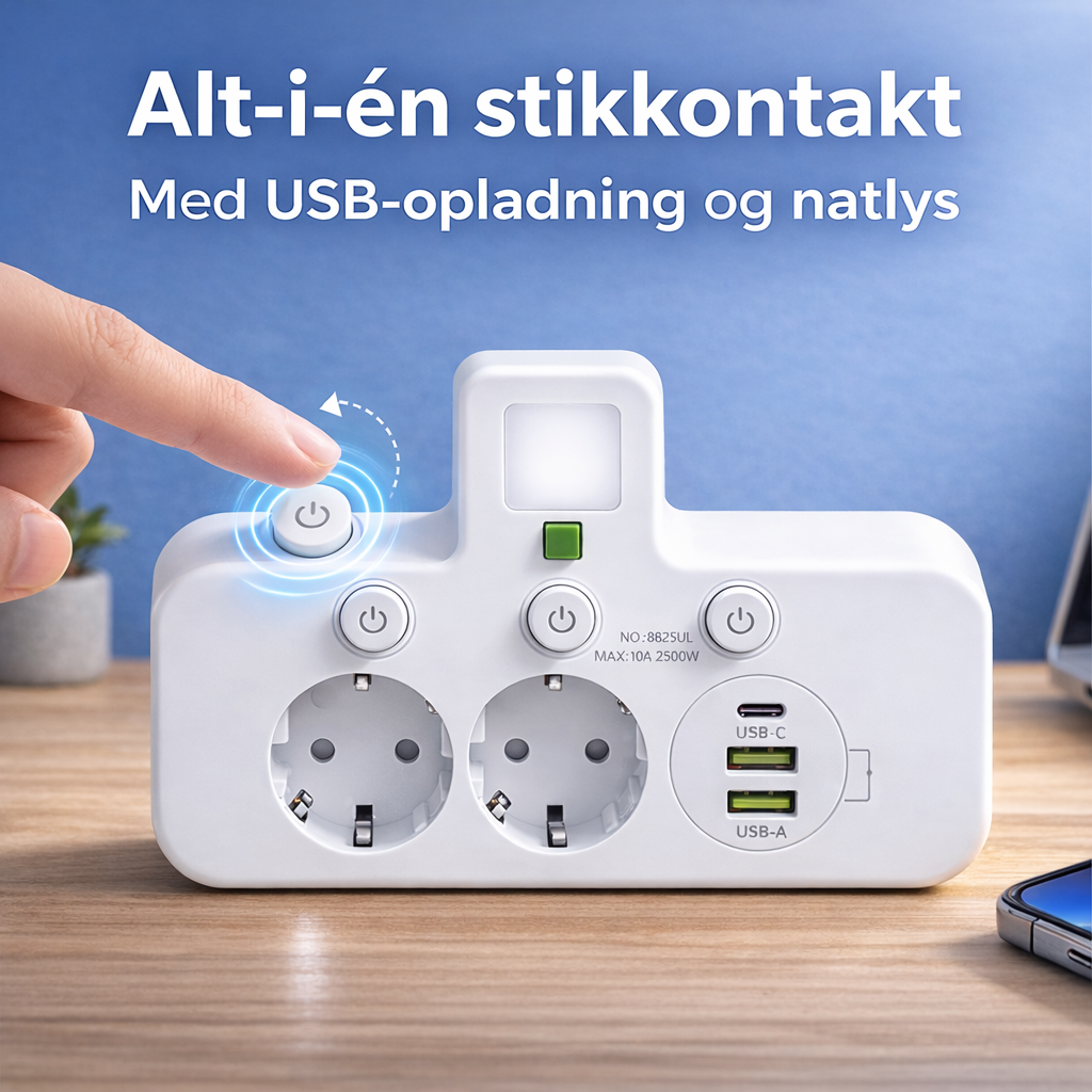 LoveleiHub™ – Alt-i-én stikdåse med USB-opladning og blødt natlys